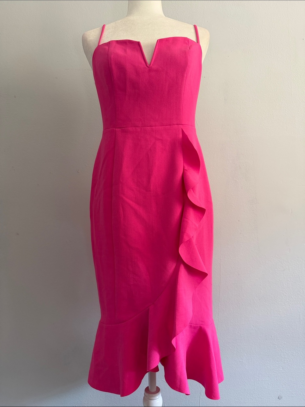 DO+BE Hot Pink Ruffle Midi Dress with V-Notch Neck